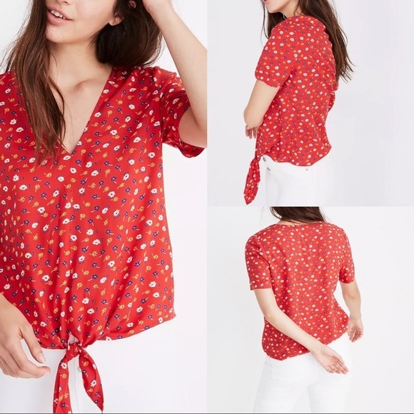 Madewell Novel Tie Front Top in Prairie Posies Red Floral Top - Picture 1 of 5